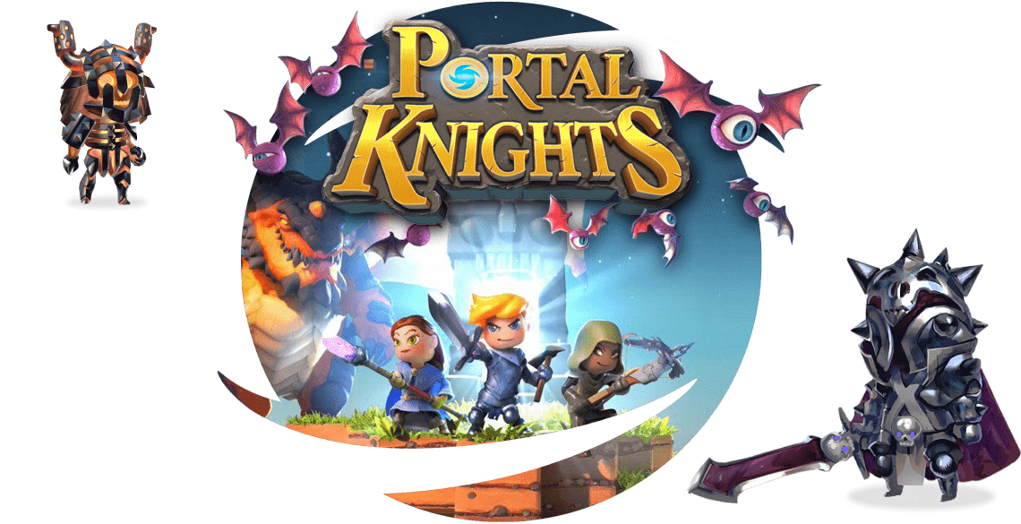 Portal Knights key art showing characters holding weapons and characters either side of the logo